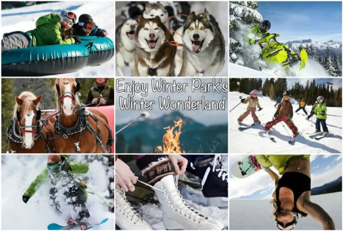 This lively exterior image showcases a range of winter adventures: people tubing down snowy hills, huskies ready for dog sledding, snowmobiles in action, and snowboarders and skiers enjoying the slopes. There’s also a cozy campfire and scenes of ice skating, capturing the excitement and diversity of winter activities.