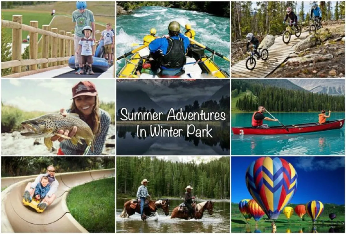 A vibrant exterior scene filled with families enjoying a variety of summer activities: rafting down the river, mountain biking amidst lush scenery, fishing, horseback riding, kayaking, and colorful hot air balloons floating above. The overall atmosphere is energetic and joyful, set against beautiful natural surroundings.